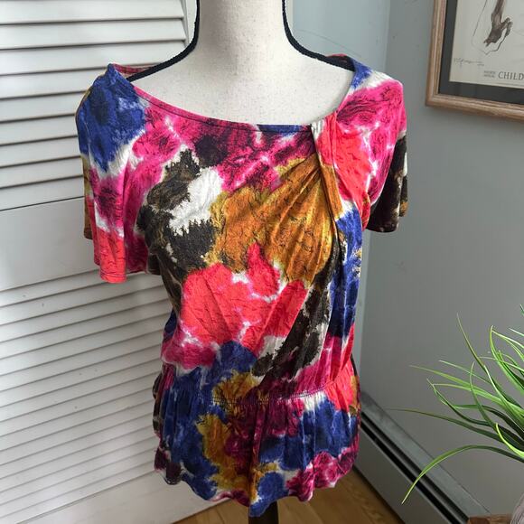 DAISY FUENTES Top Womens Large Colorful Gathered Tee Abstract Retro Y2K Casual - Picture 1 of 8